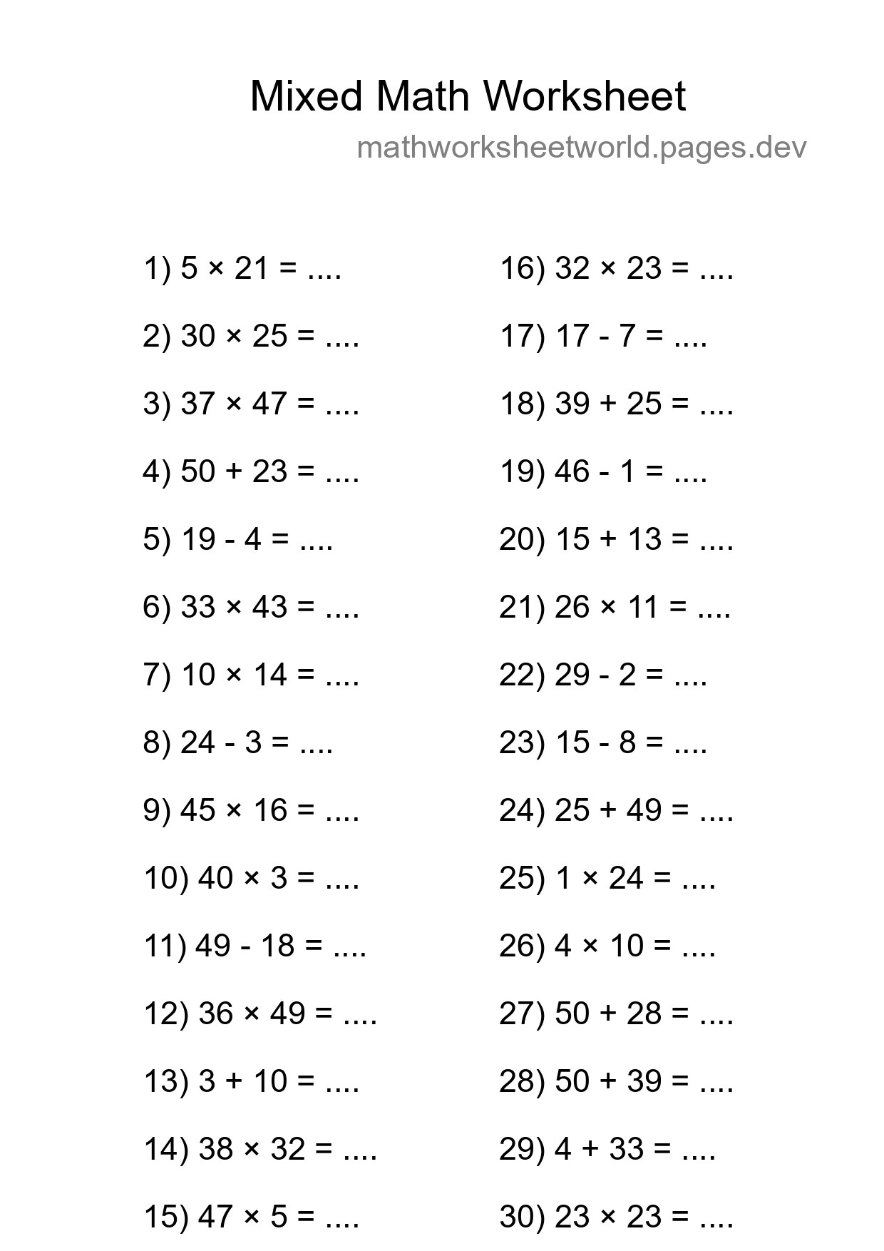 Mixed Operations Math Worksheet