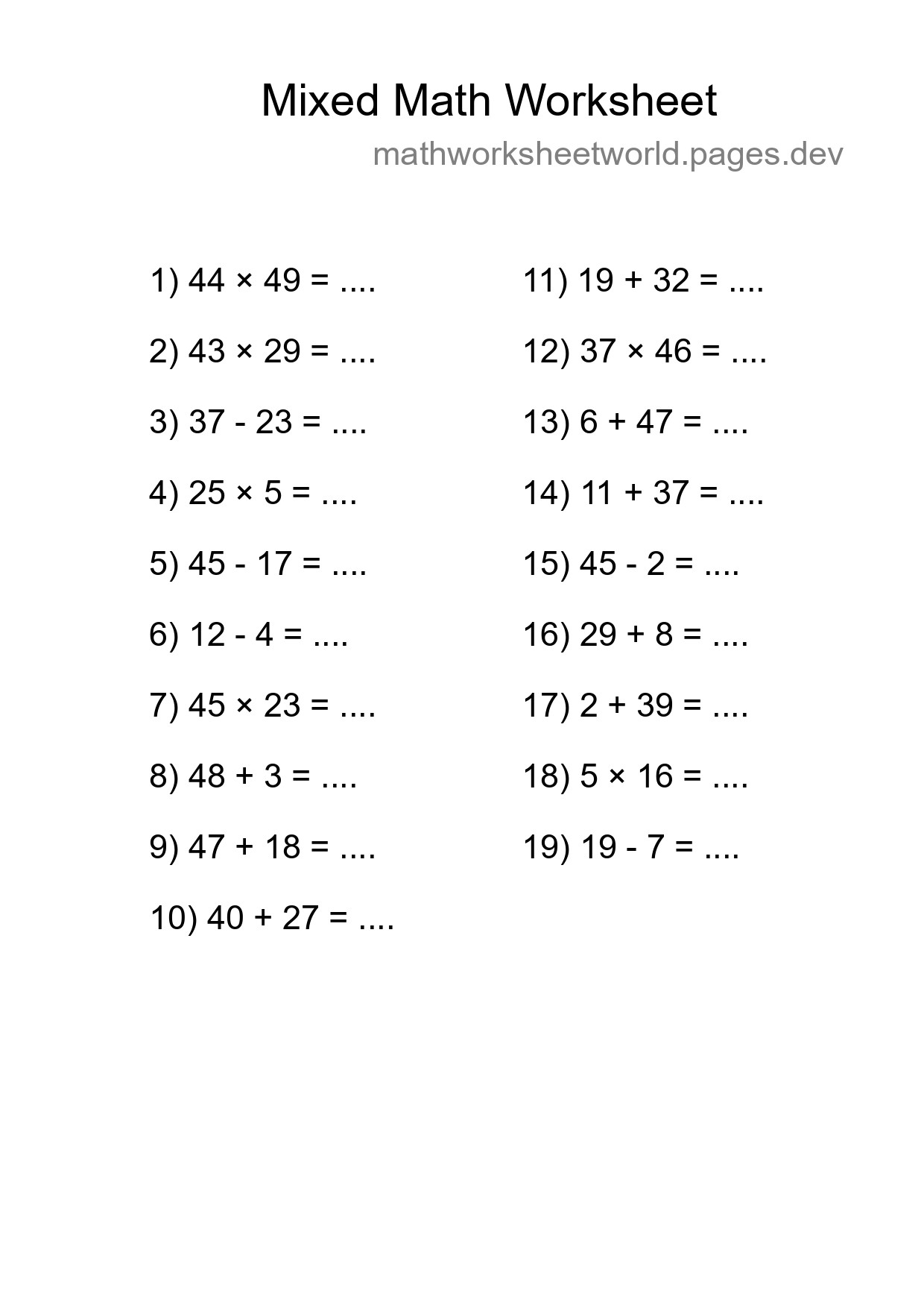 Mixed Operations Math Worksheet