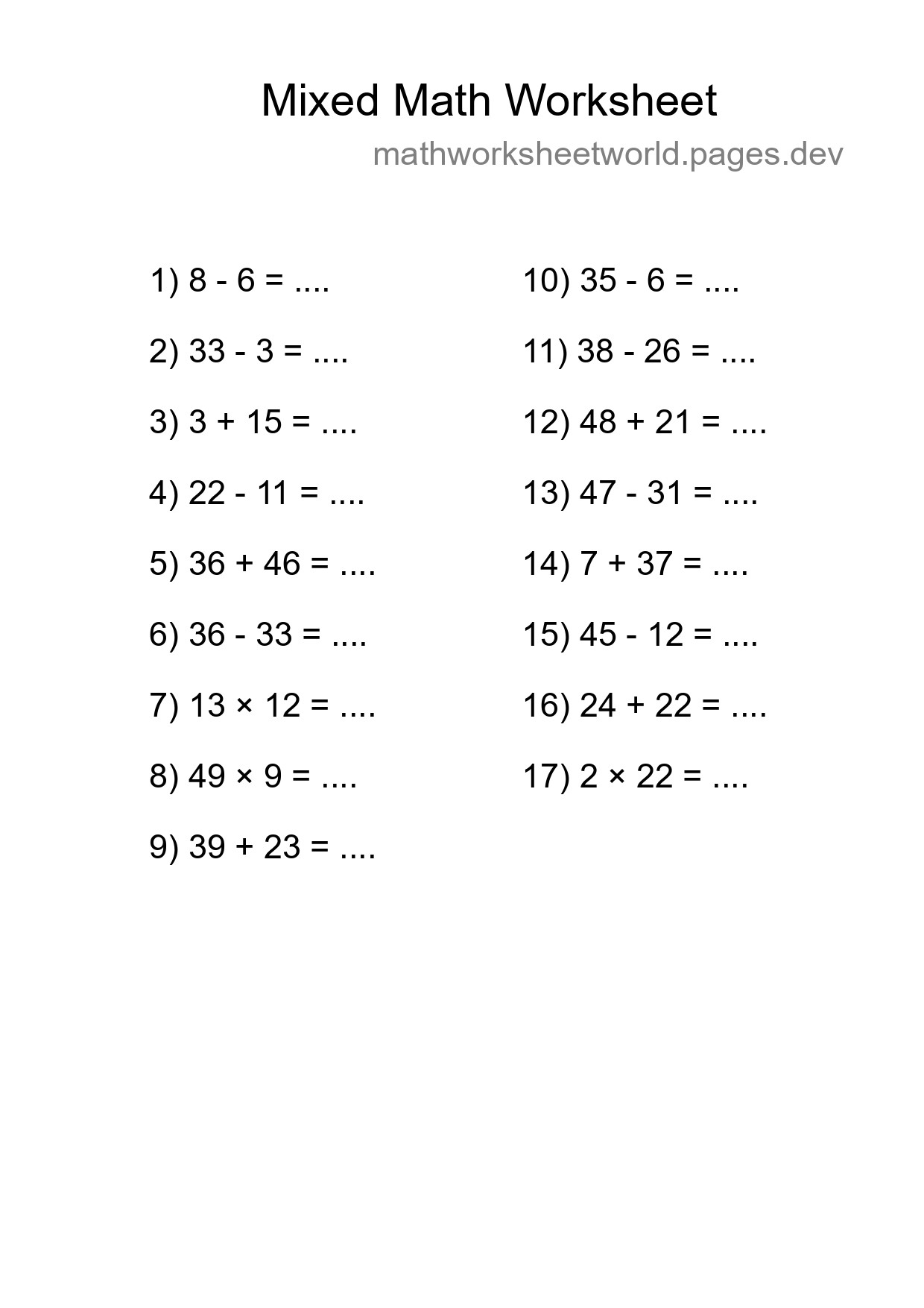 Mixed Operations Math Worksheet