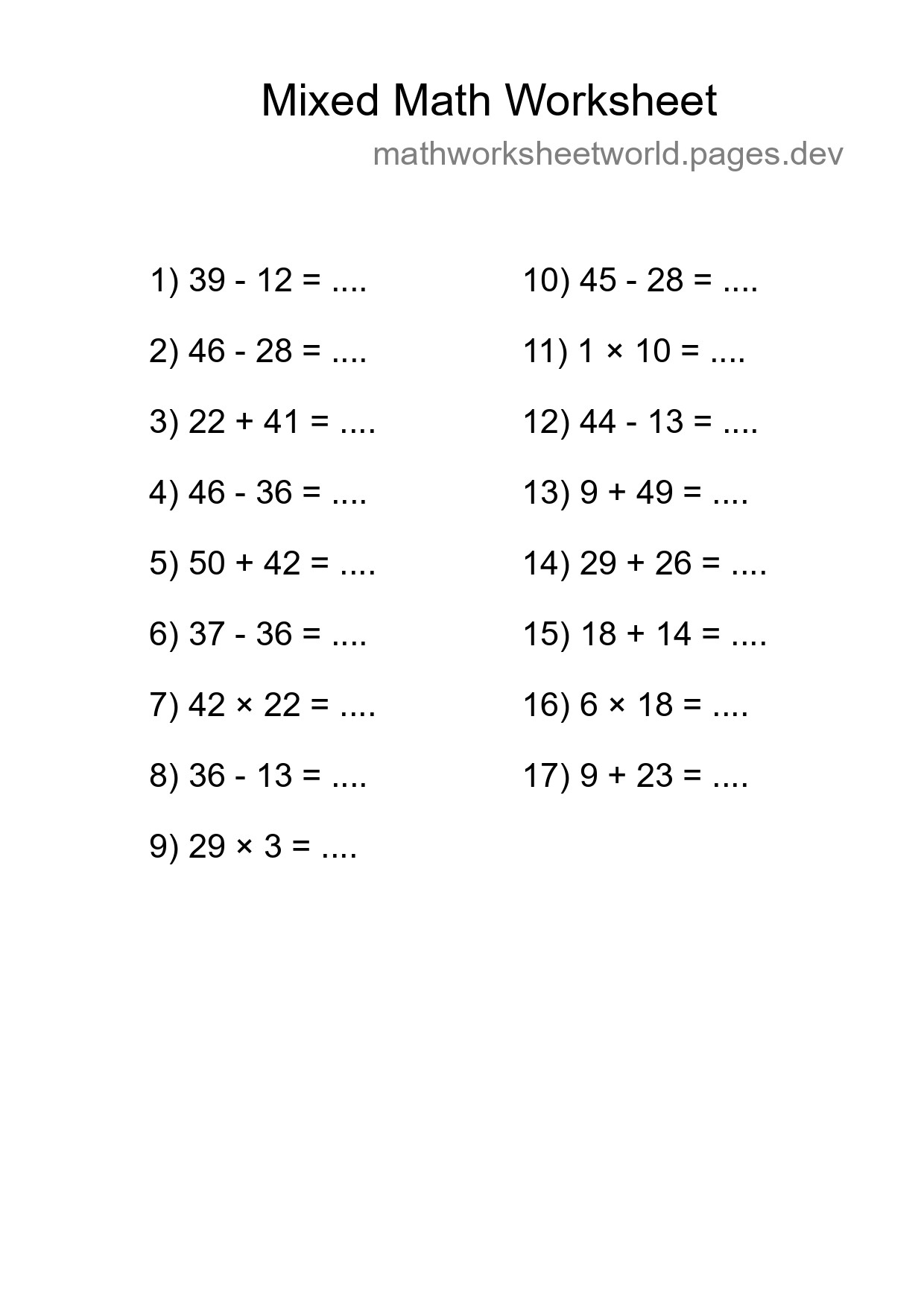 Mixed Operations Math Worksheet