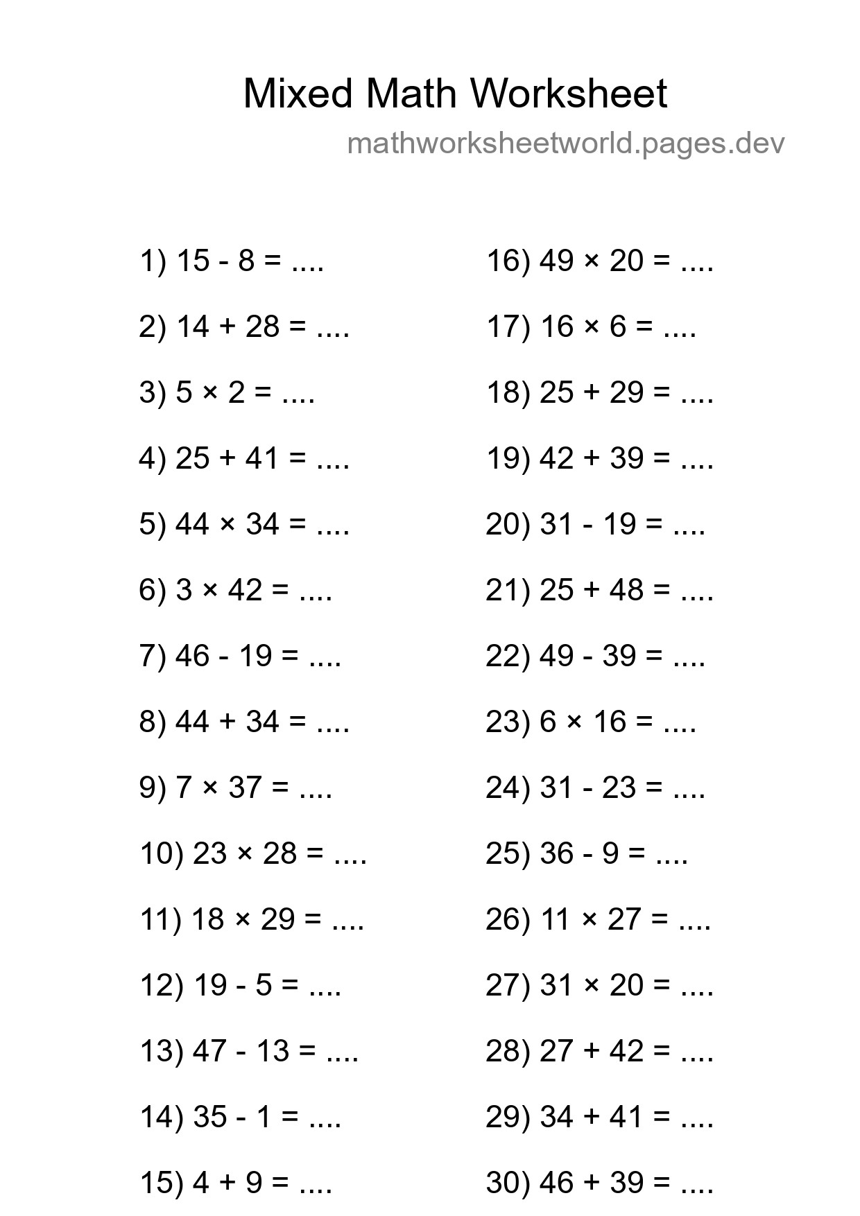 Mixed Operations Math Worksheet