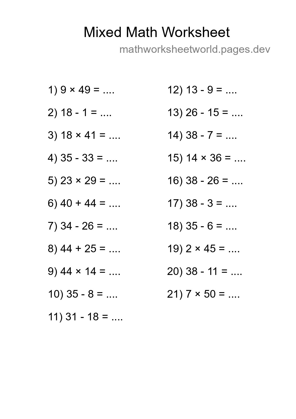 Mixed Operations Math Worksheet