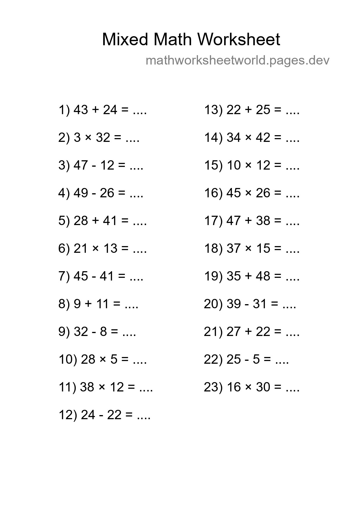 Mixed Operations Math Worksheet