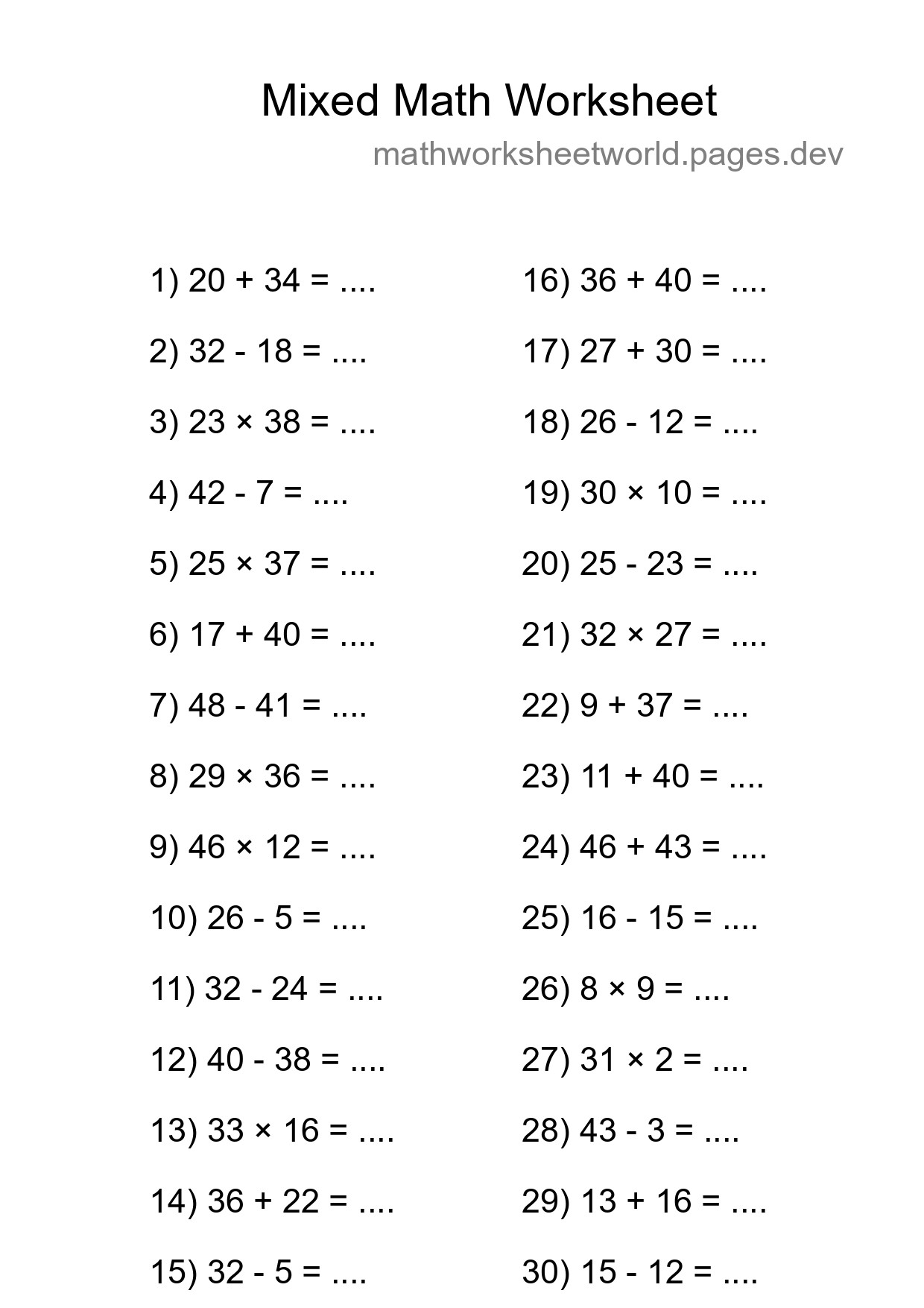 Mixed Operations Math Worksheet