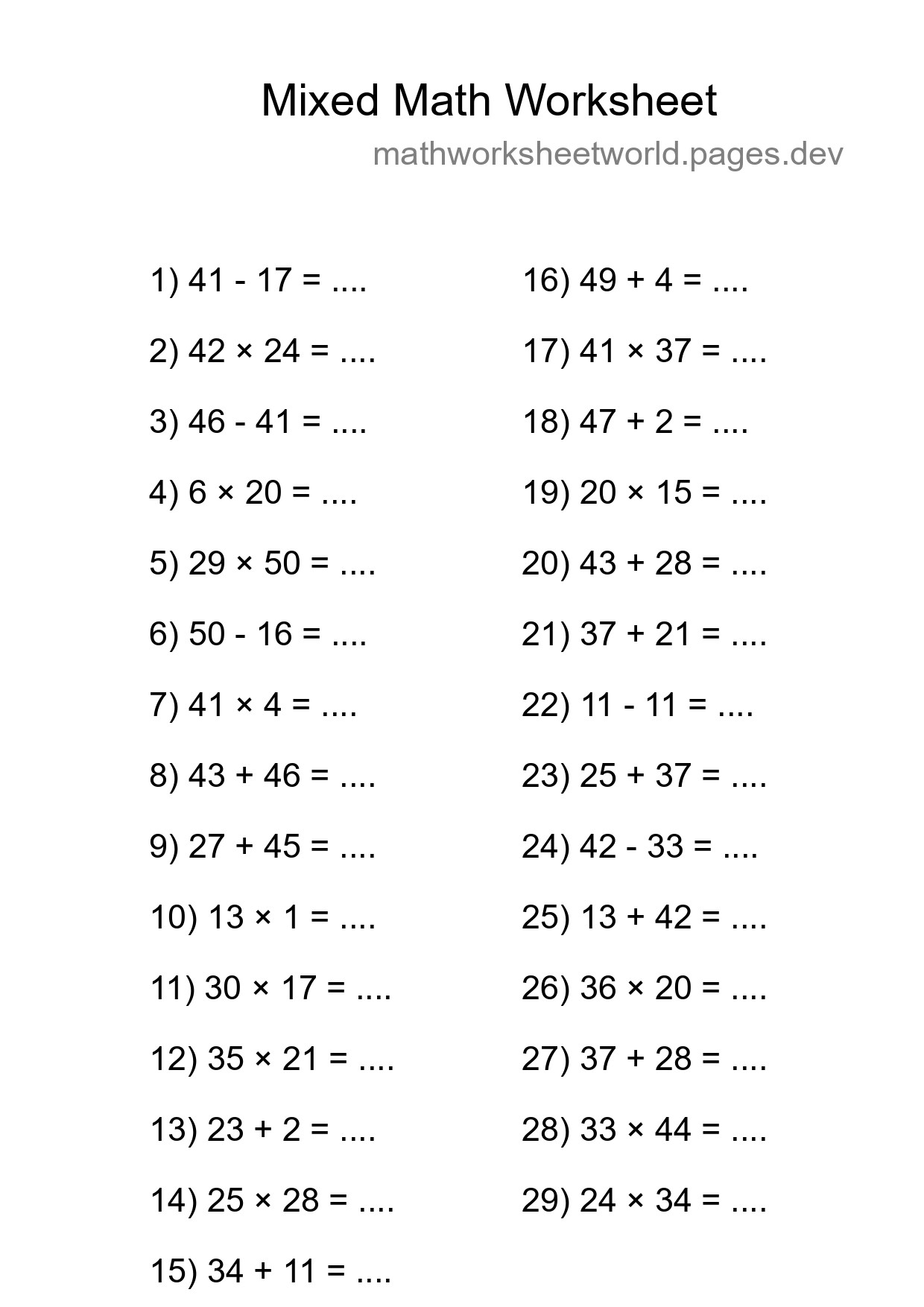 Mixed Operations Math Worksheet