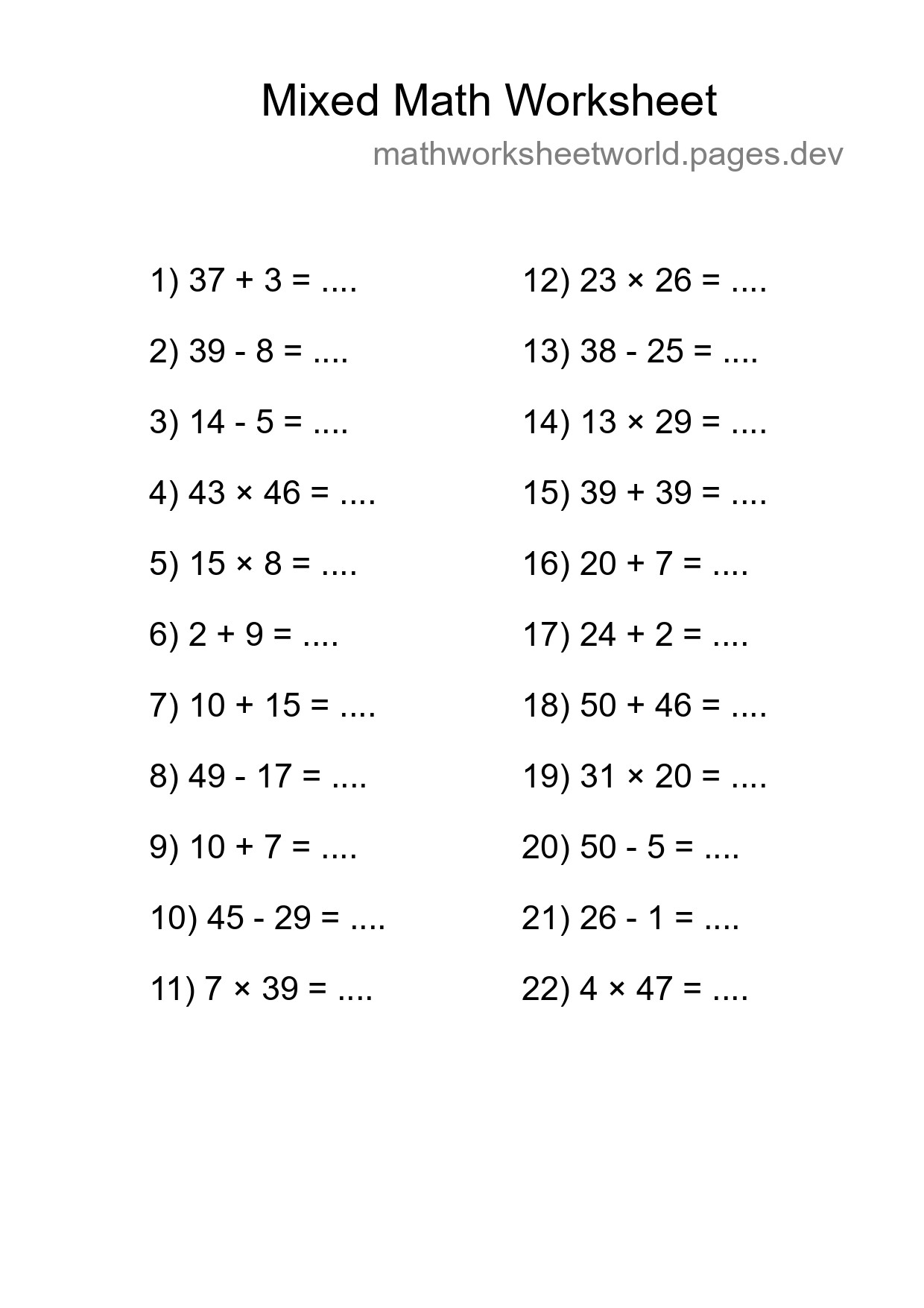Mixed Operations Math Worksheet