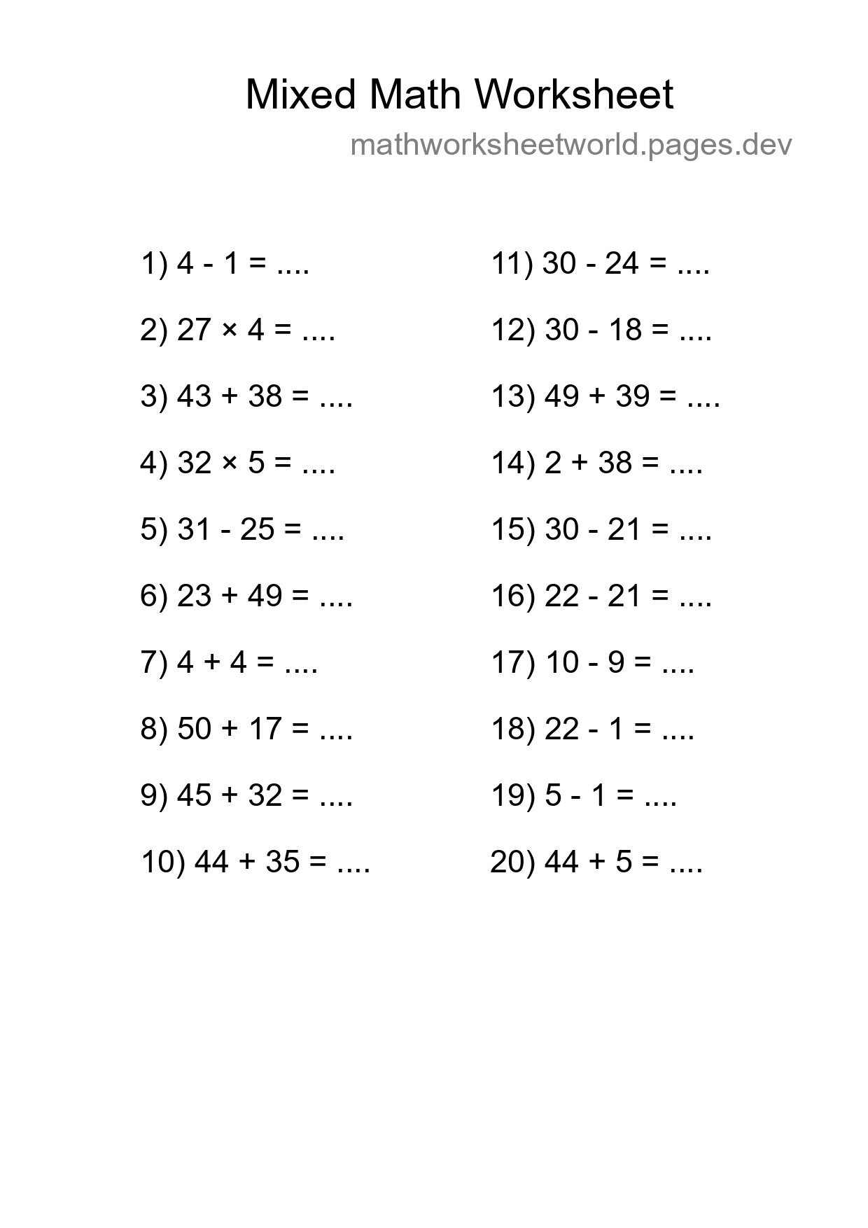 Mixed Operations Math Worksheet