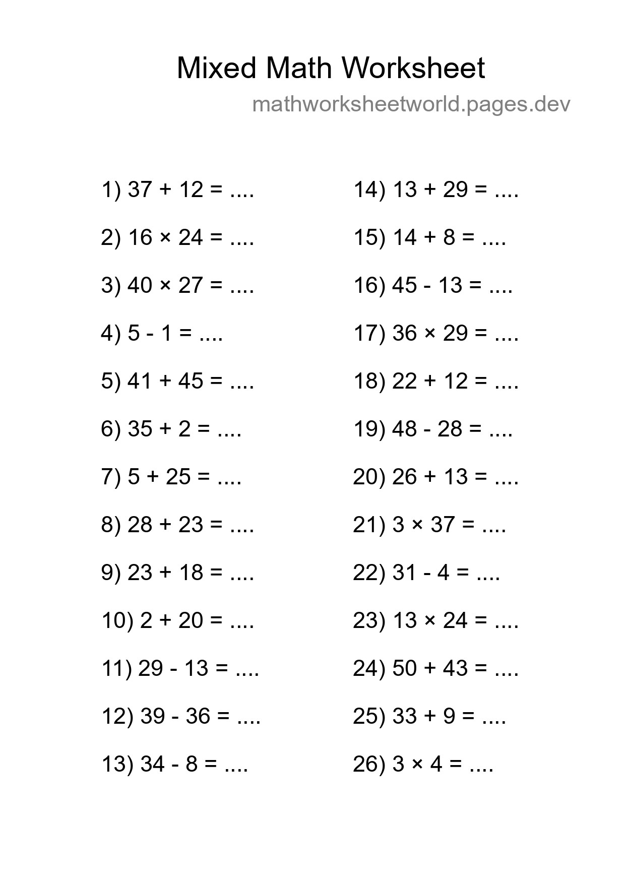 Mixed Operations Math Worksheet