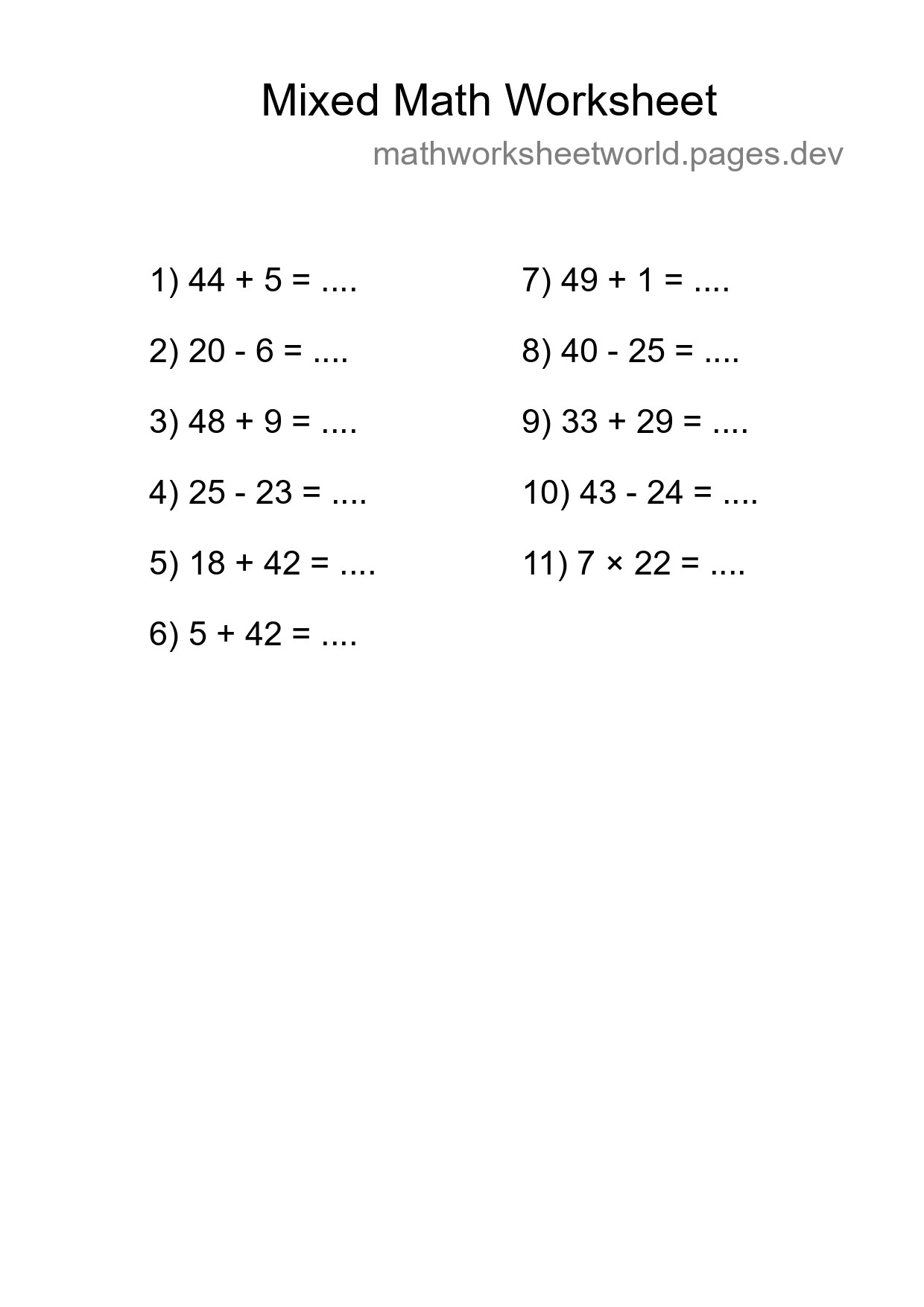 Mixed Operations Math Worksheet