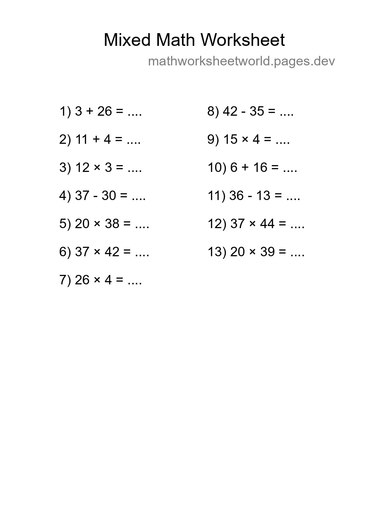 Mixed Operations Math Worksheet