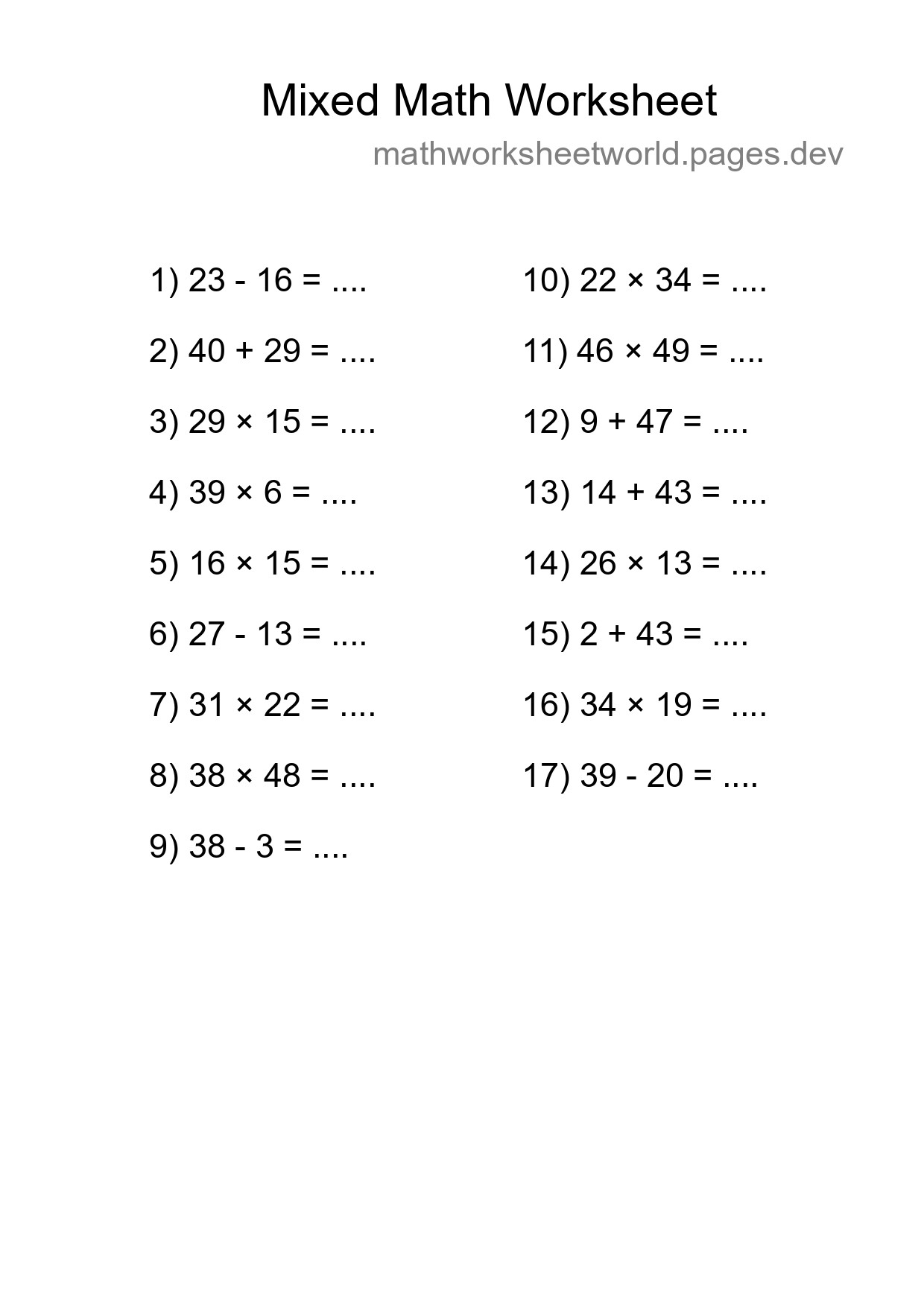 Mixed Operations Math Worksheet