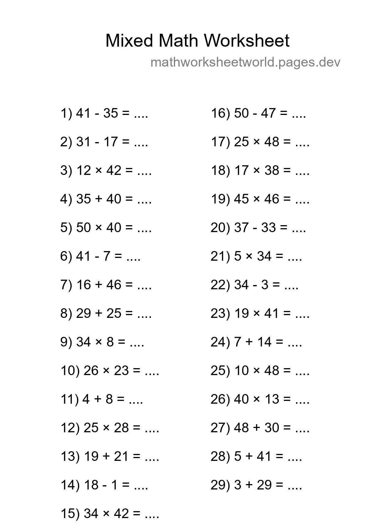 Mixed Operations Math Worksheet