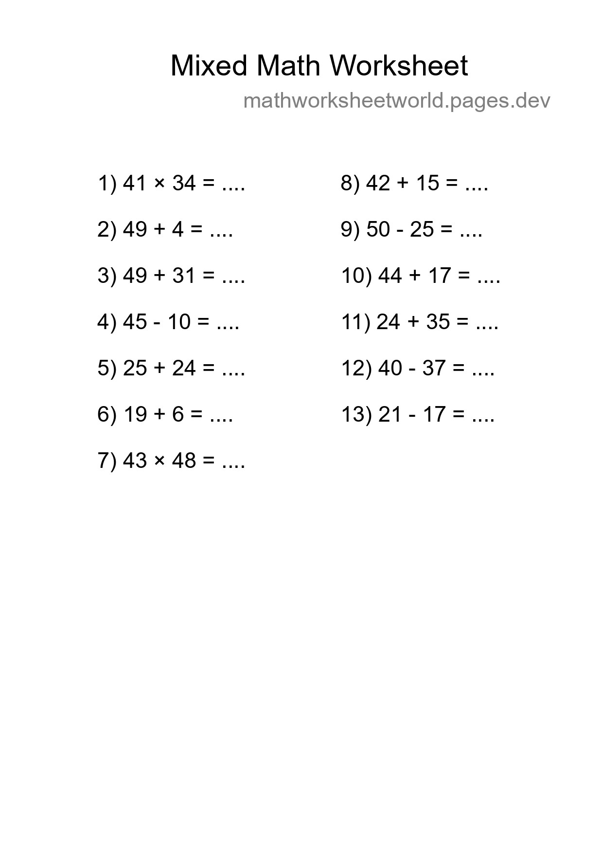 Mixed Operations Math Worksheet