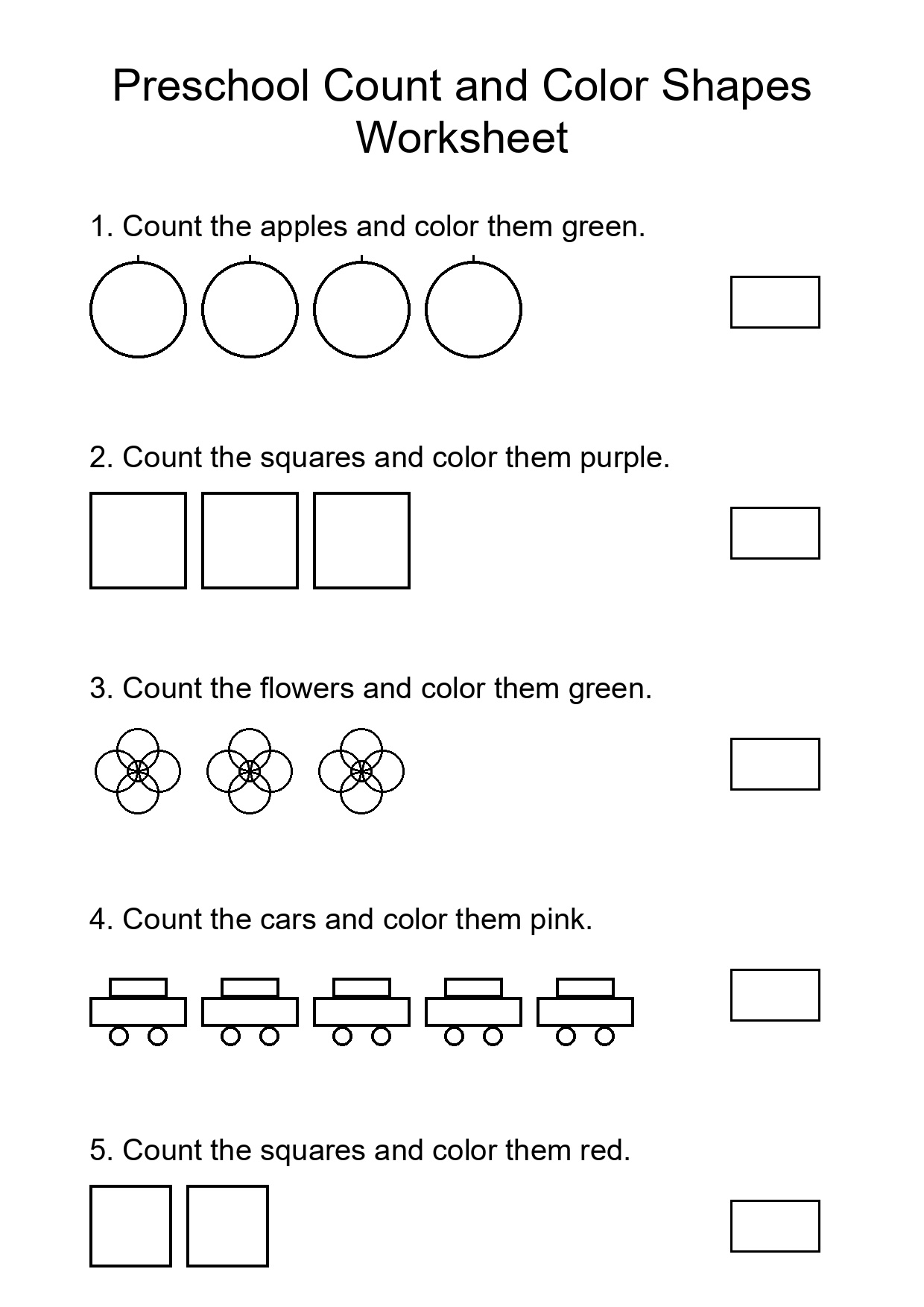 Preschool Count and Color Shapes Worksheet
