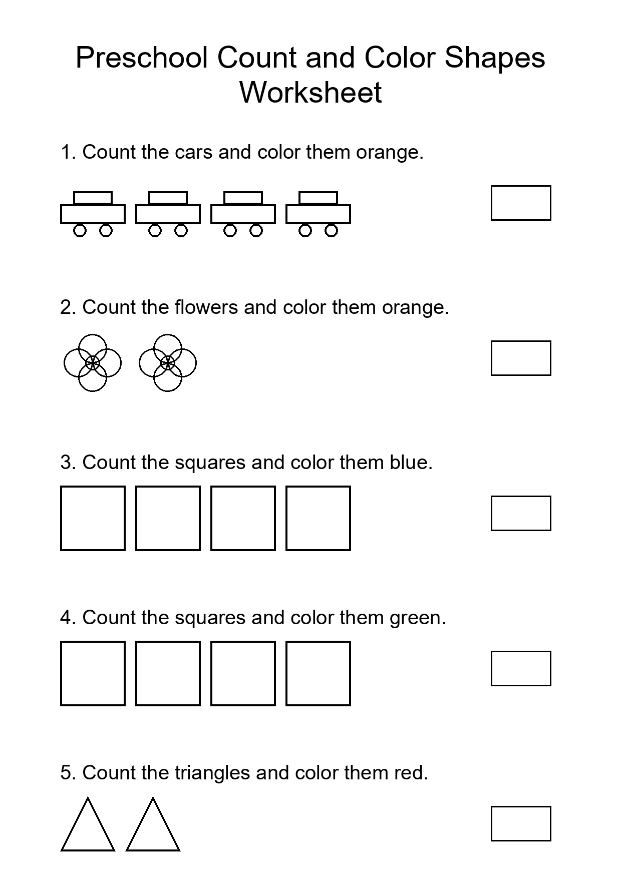 Preschool Count and Color Shapes Worksheet