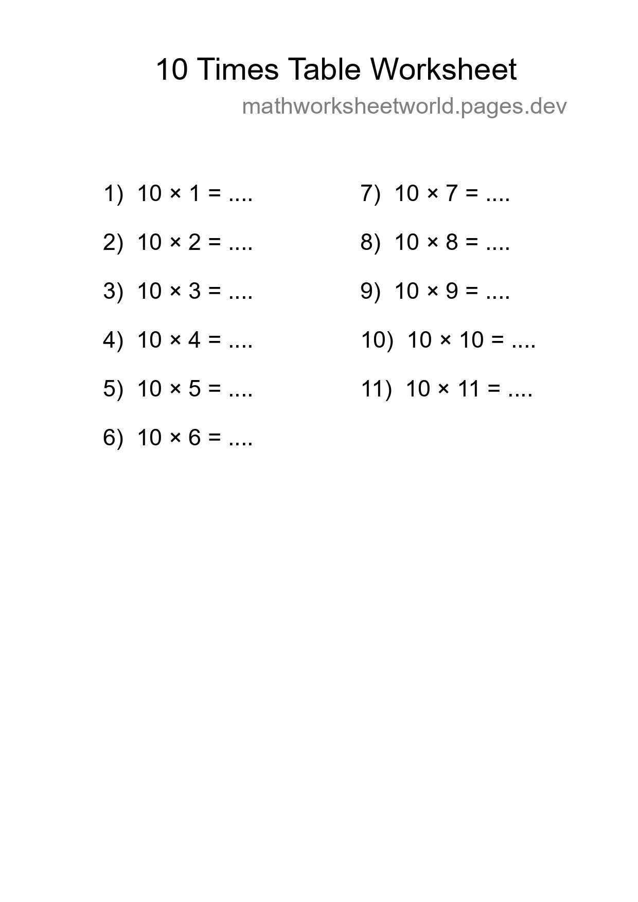 Printable 10 Times Table Worksheet For Grade 3 - Part 179