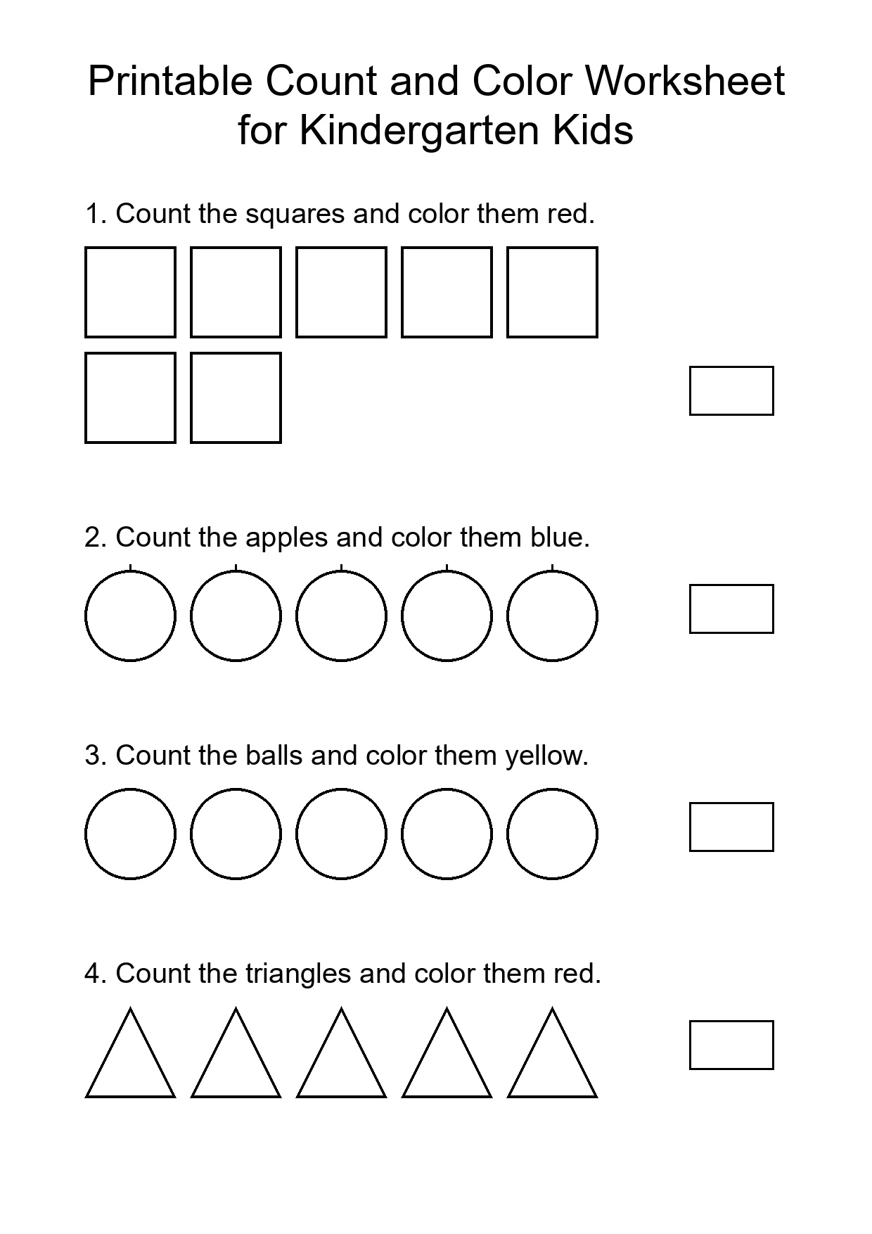 Printable Count and Color Worksheet for Kindergarten Kids