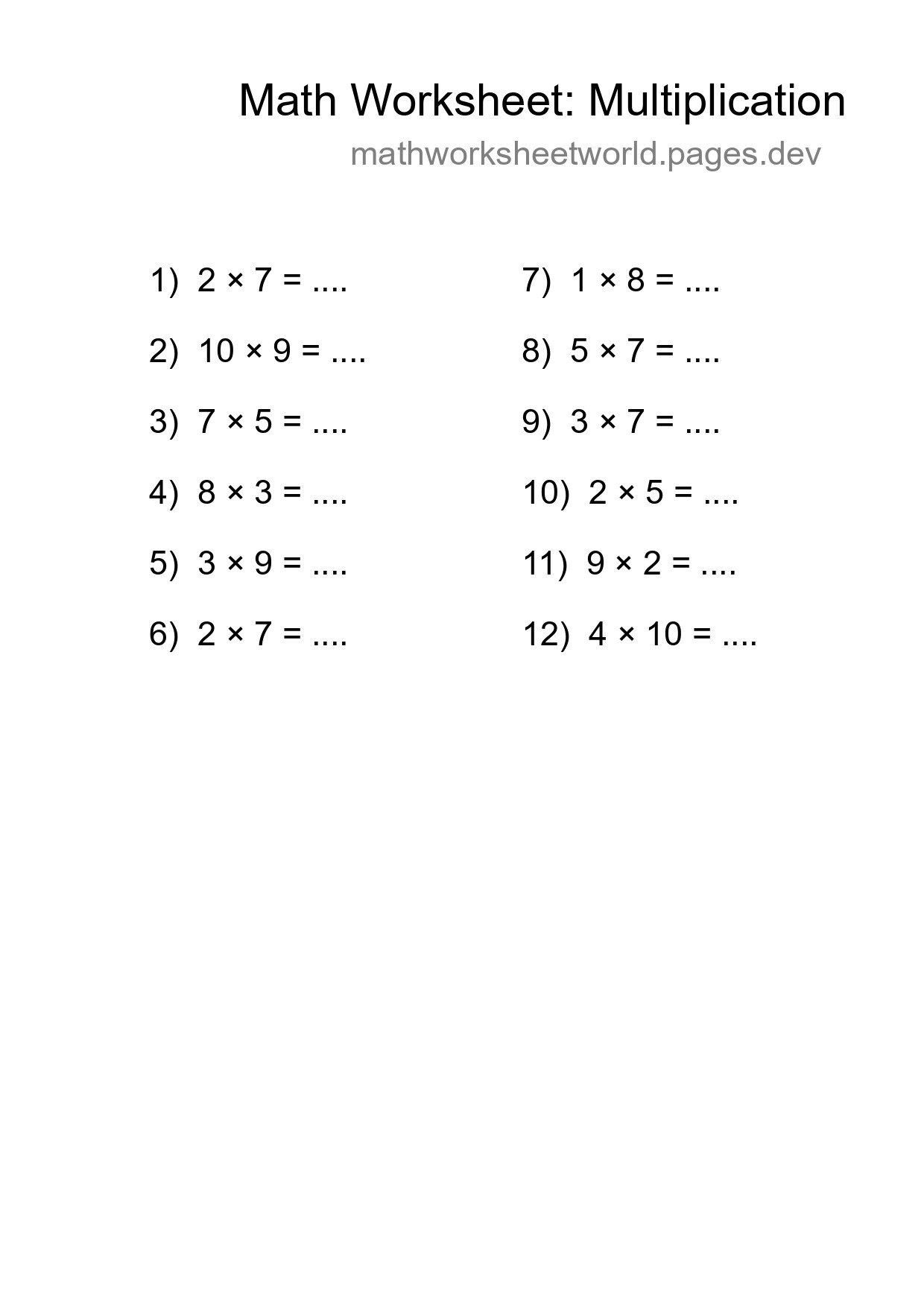 Printable Free 12 Multiplication Math Worksheet For Grade 1 - Part 37