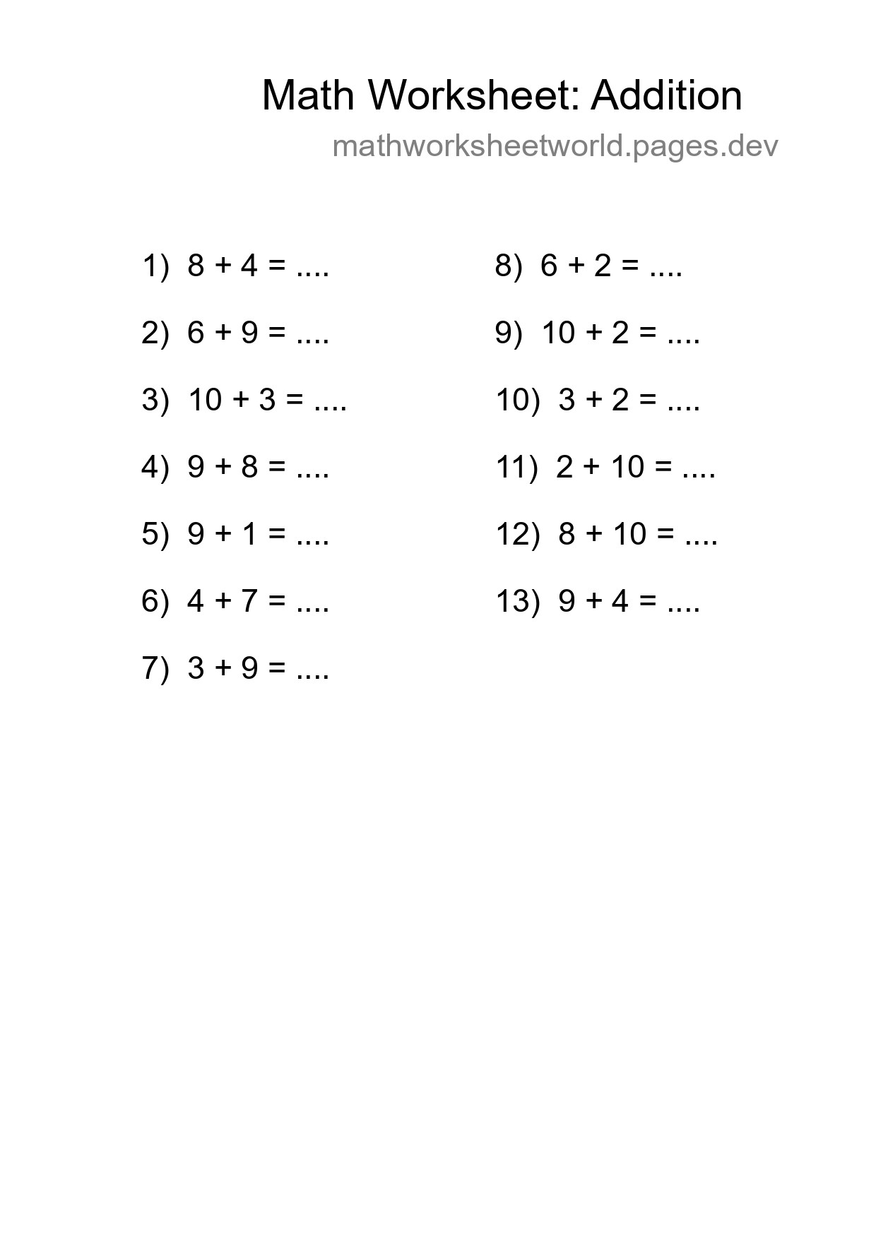 Printable Free 13 Addition Math Worksheet For Grade 1 - Part 51