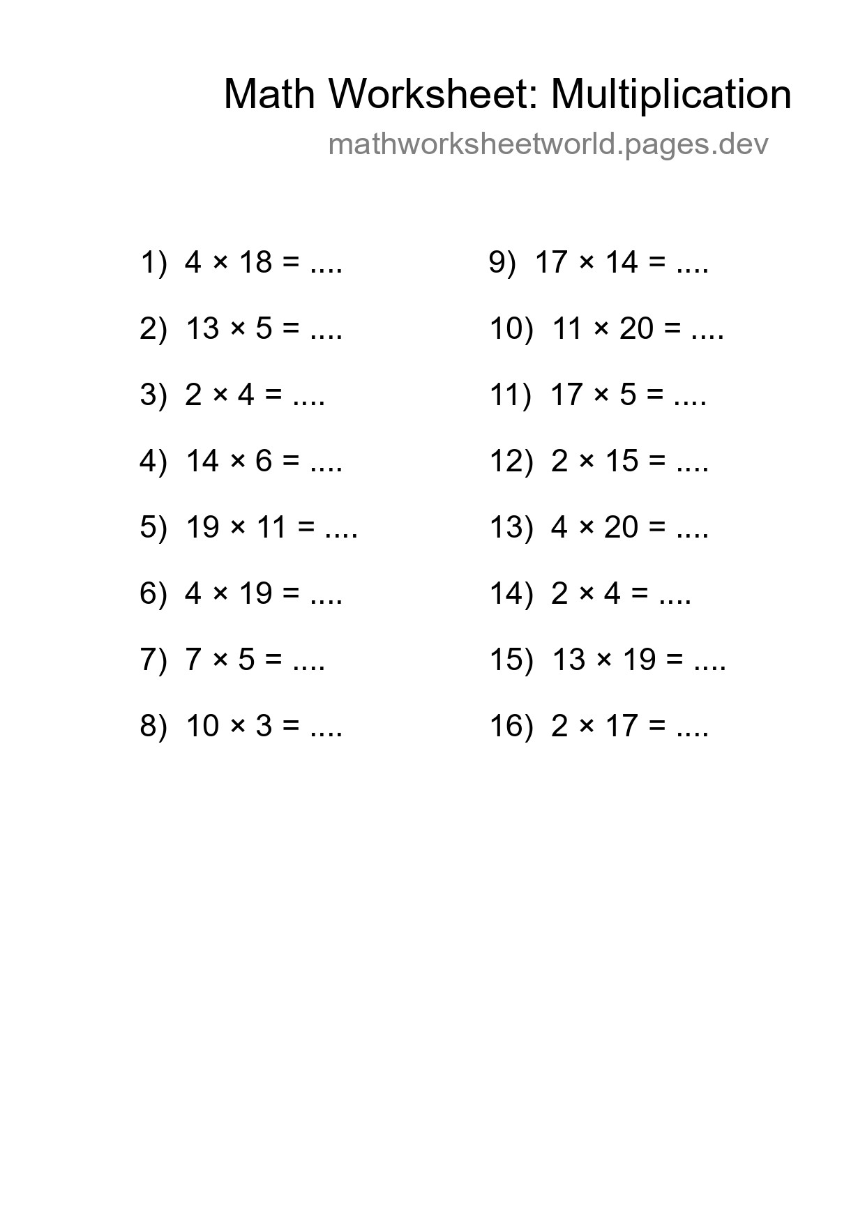 Printable Free 16 Multiplication Math Worksheet For Grade 2 - Part 107