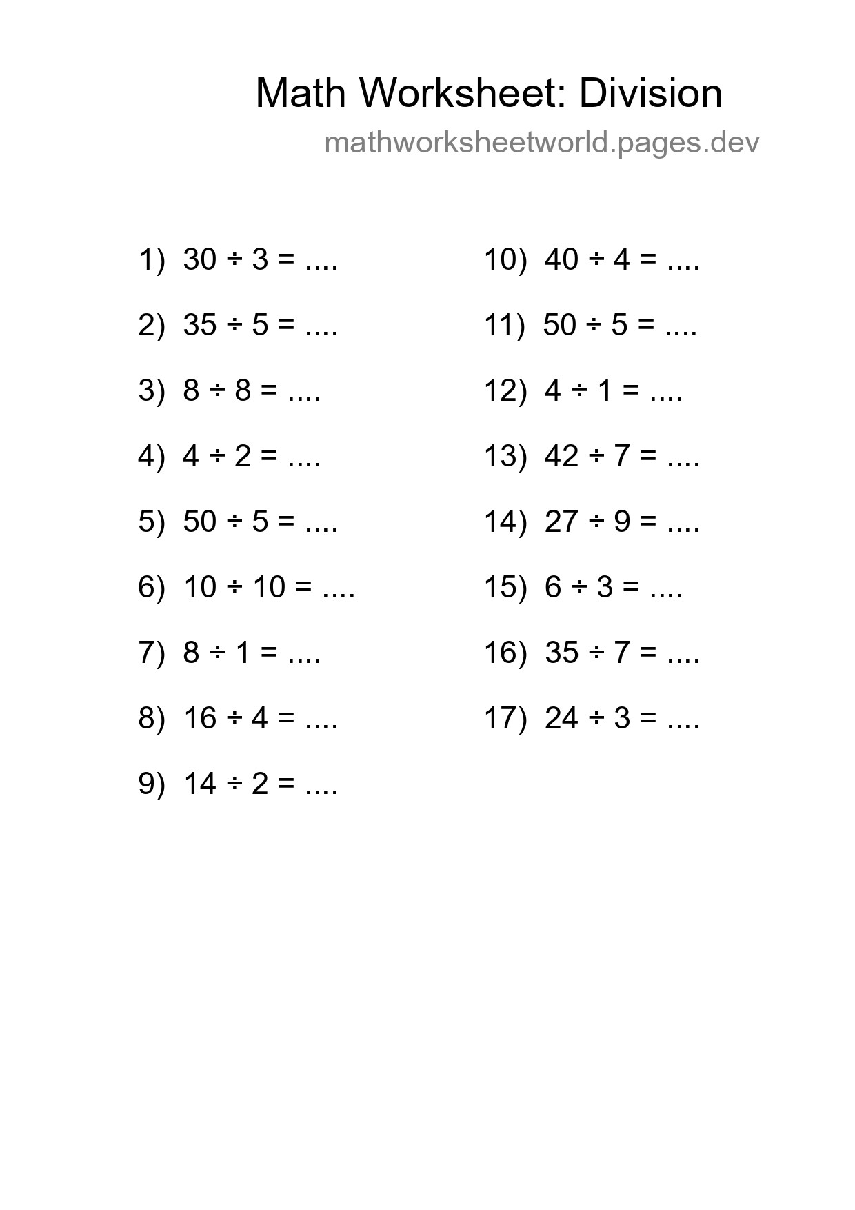 Printable Free 17 Division Math Worksheet For Grade 1 - Part 84
