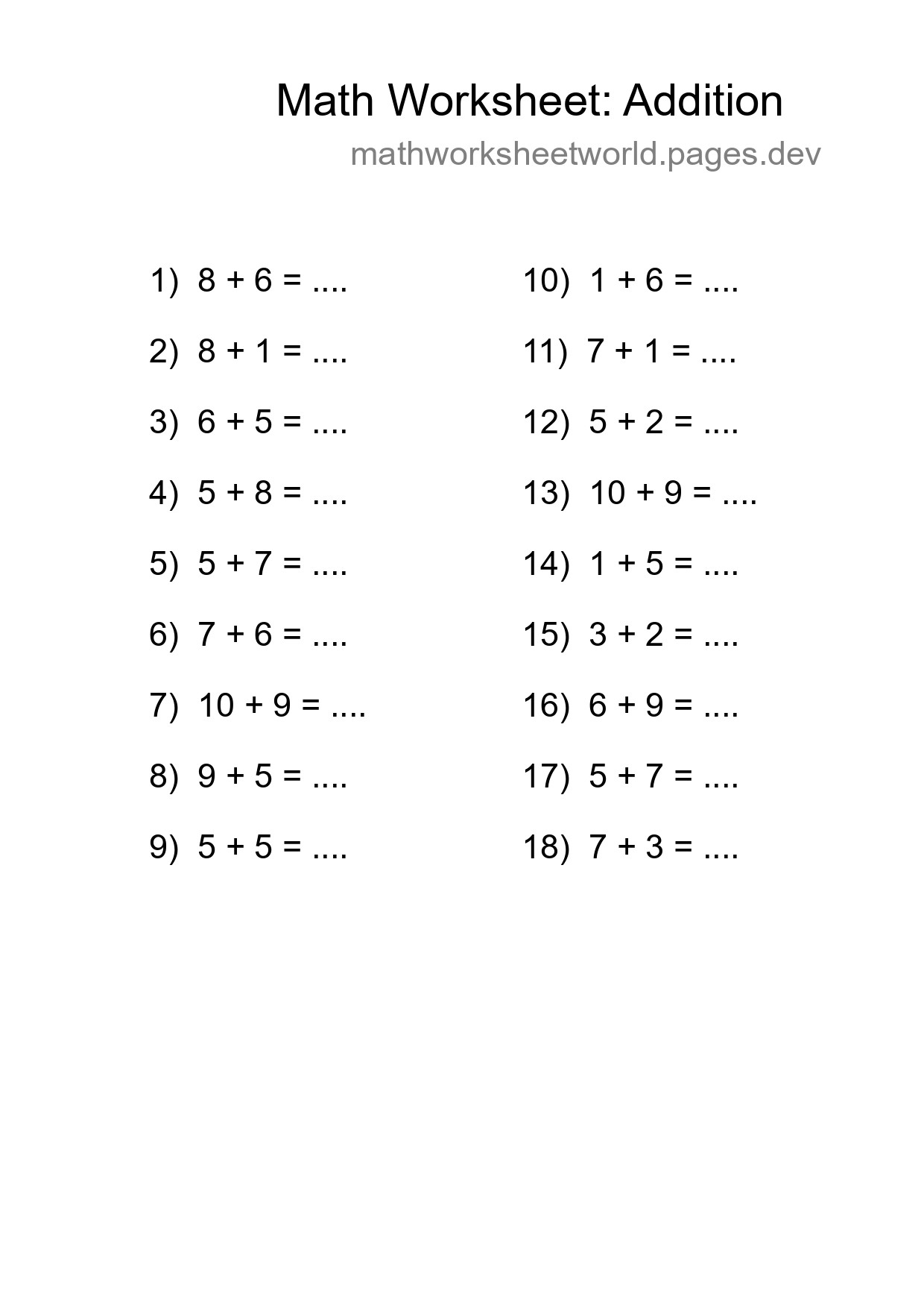 Printable Free 18 Addition Math Worksheet For Grade 1 - Part 211