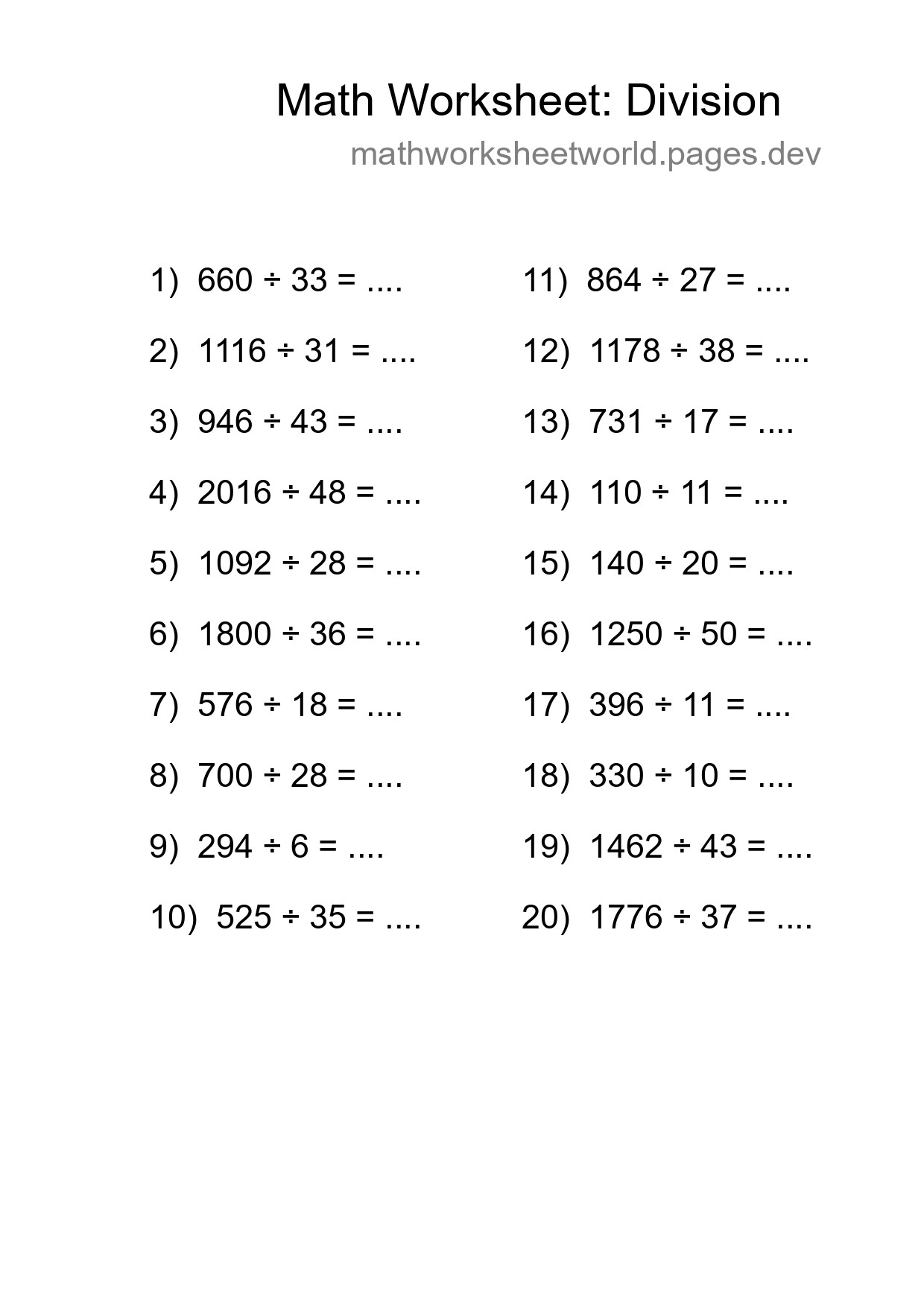 Printable Free 20 Division Math Worksheet For Grade 2 - Part 294