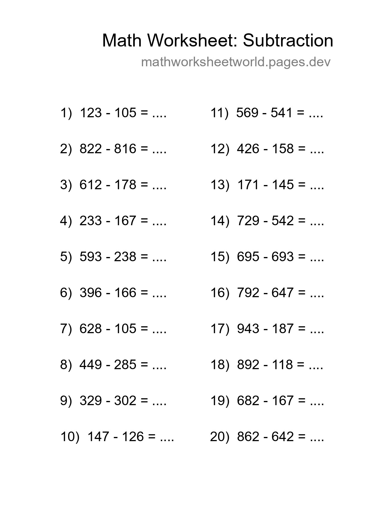 Printable Free 20 Subtraction Math Worksheet For Grade 5 - Part 8