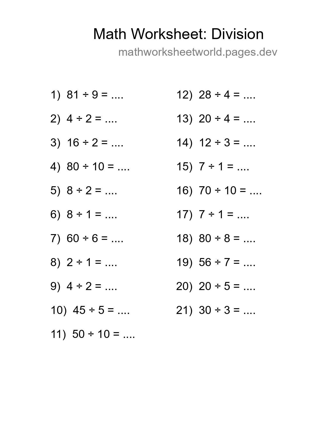 Printable Free 21 Division Math Worksheet For Grade 1 - Part 144