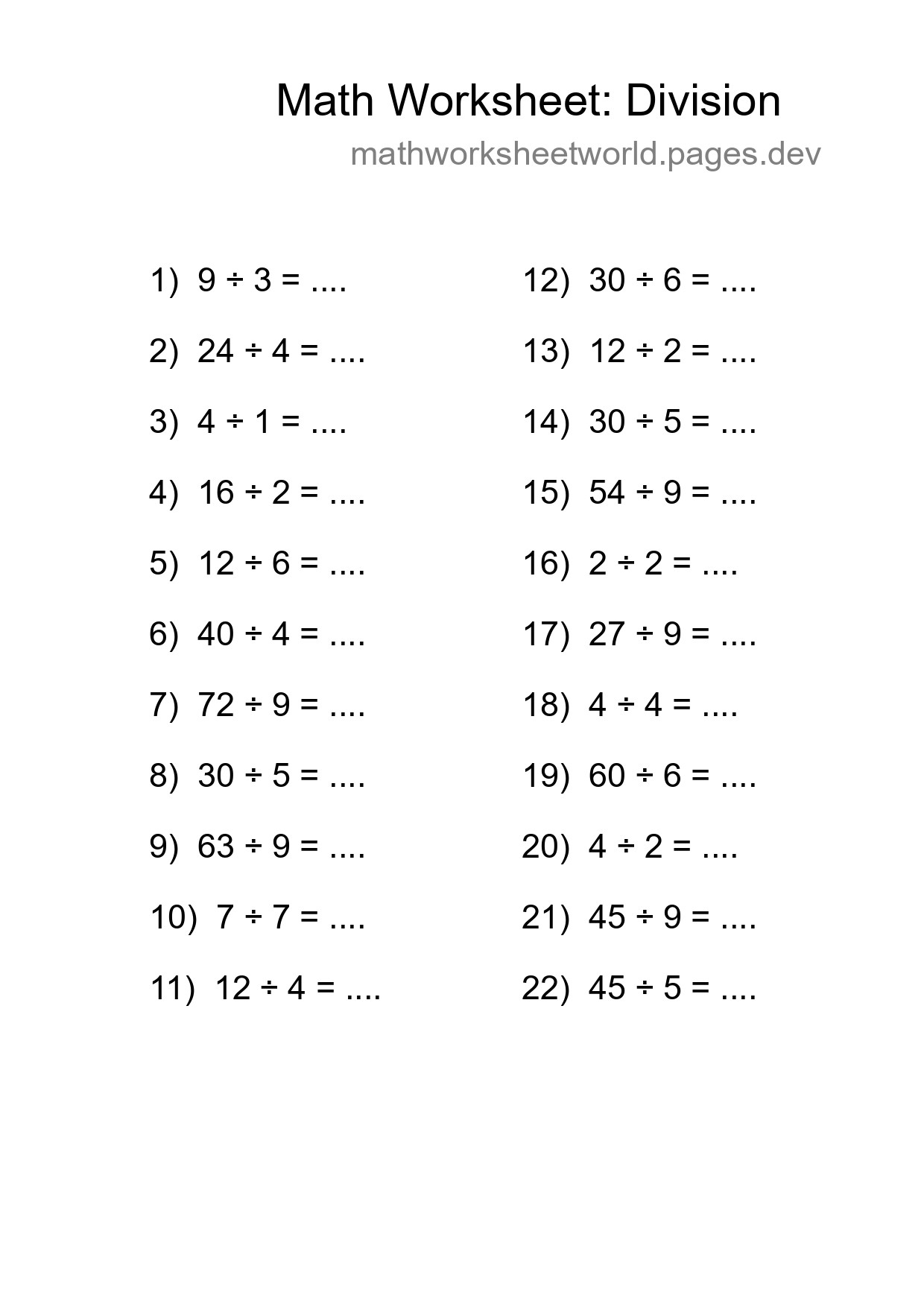 Printable Free 22 Division Math Worksheet For Grade 1 - Part 184