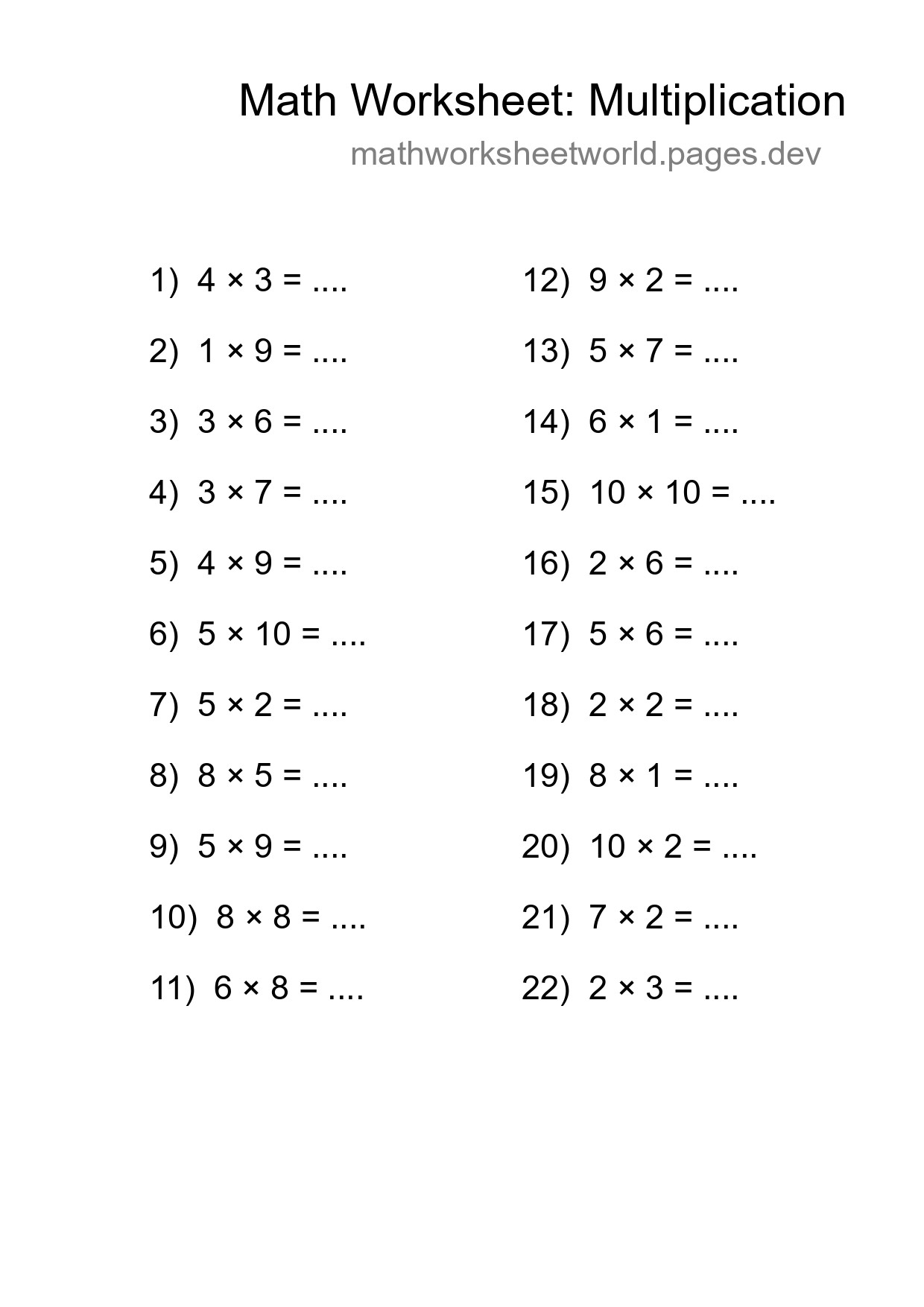 Printable Free 22 Multiplication Math Worksheet For Grade 1 - Part 117
