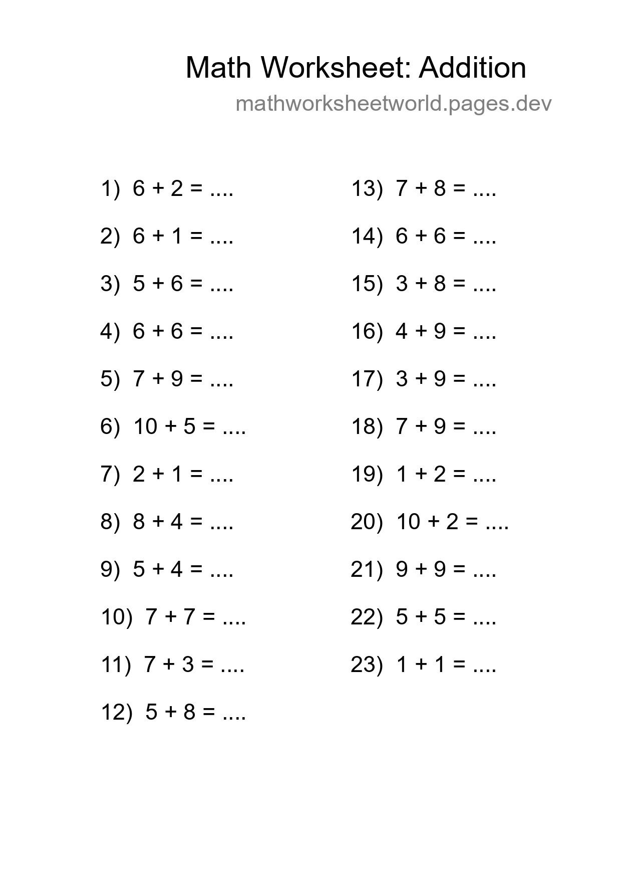 Printable Free 23 Addition Math Worksheet For Grade 1 - Part 261