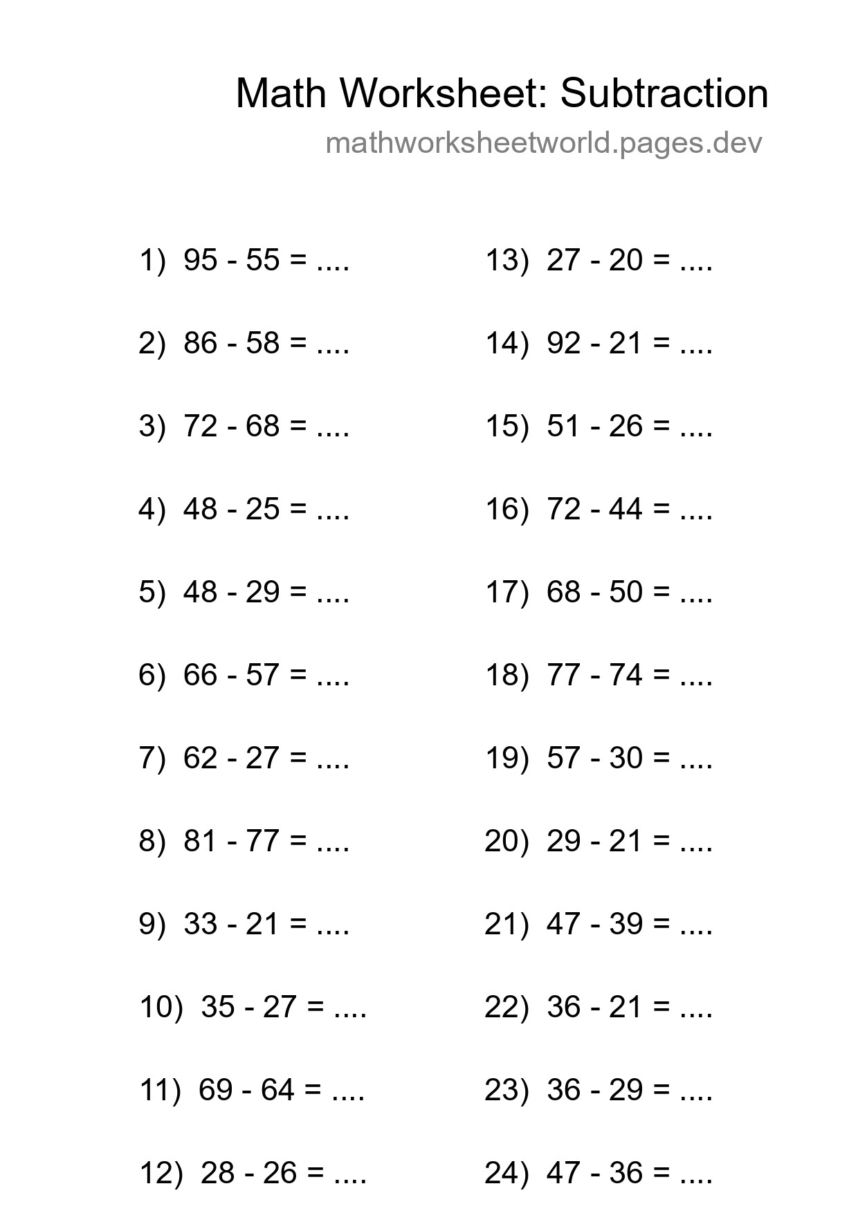 Printable Free 24 Subtraction Math Worksheet For Grade 3 - Part 218