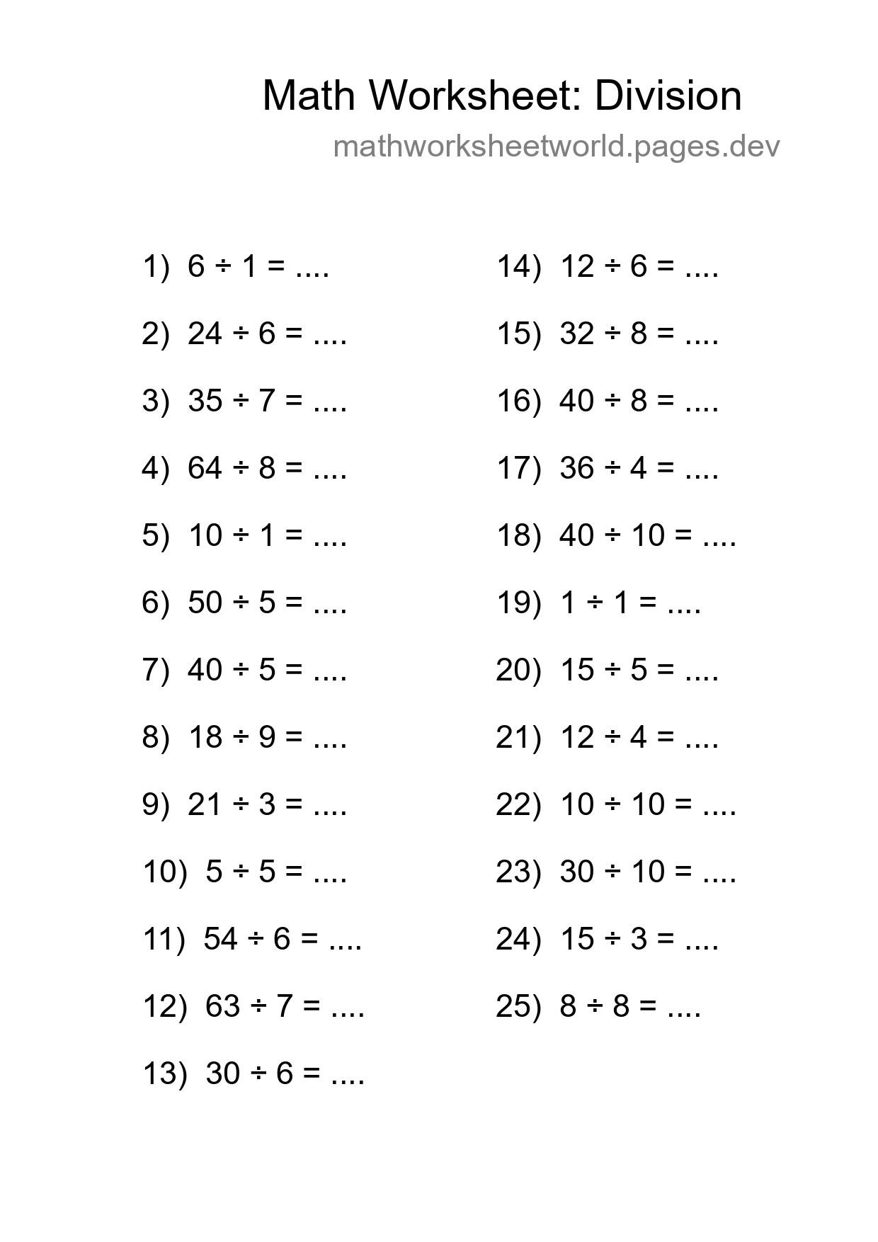 Printable Free 25 Division Math Worksheet For Grade 1 - Part 274