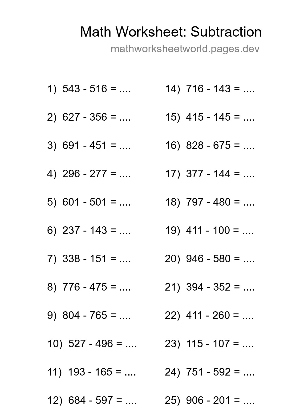 Printable Free 25 Subtraction Math Worksheet For Grade 5 - Part 108