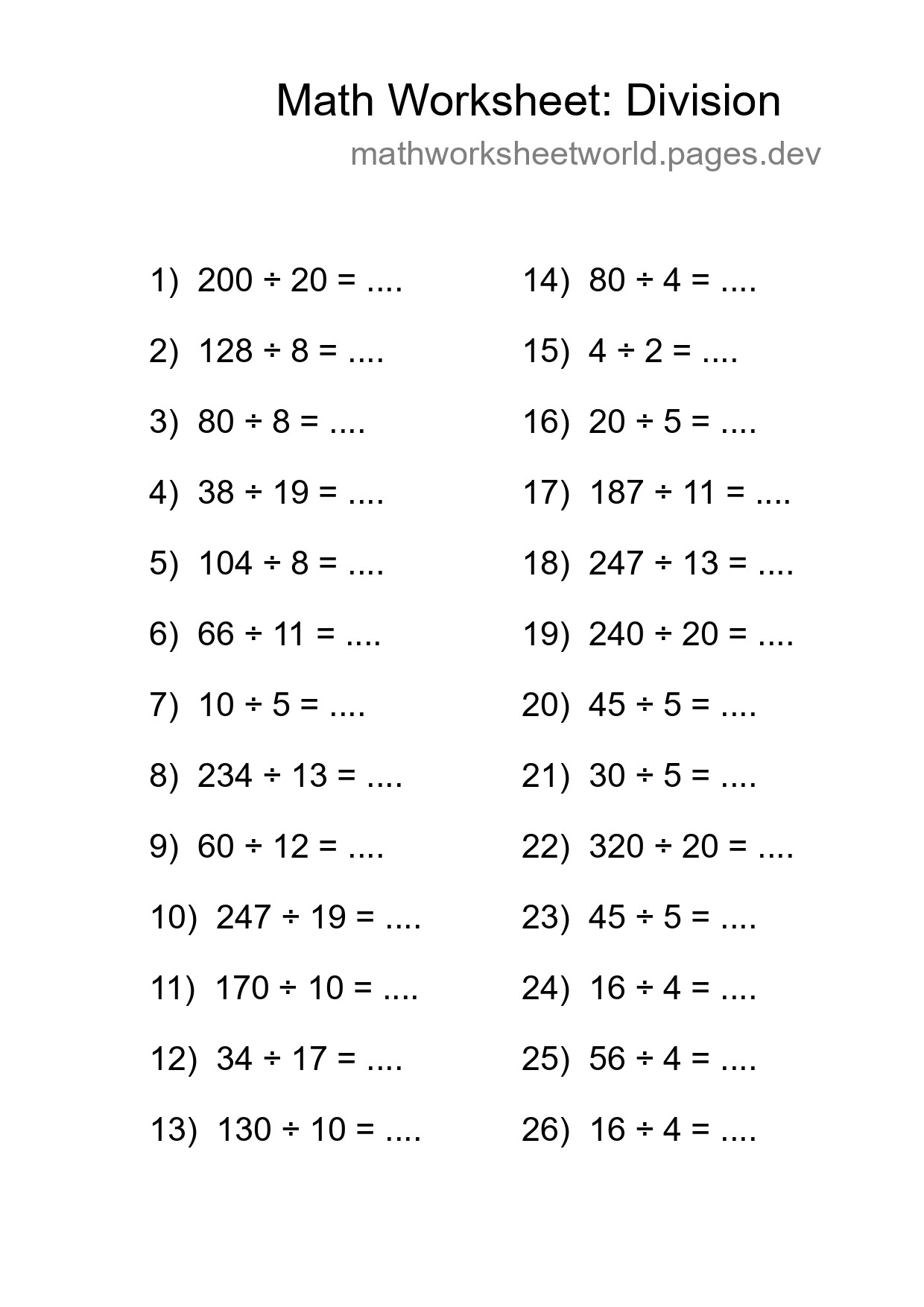 Printable Free 26 Division Math Worksheet For Grade 2 - Part 124