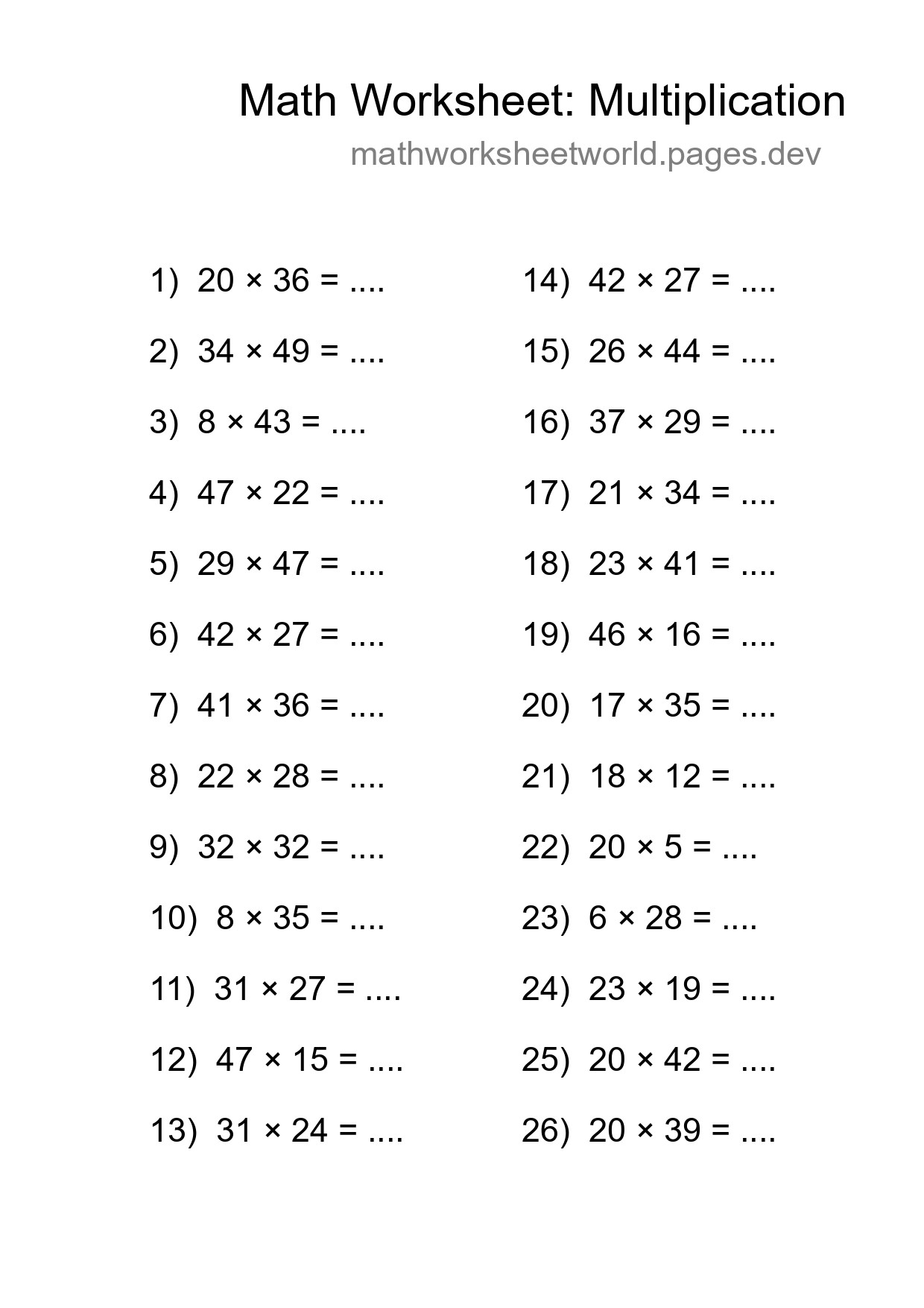 Printable Free 26 Multiplication Math Worksheet For Grade 2 - Part 7