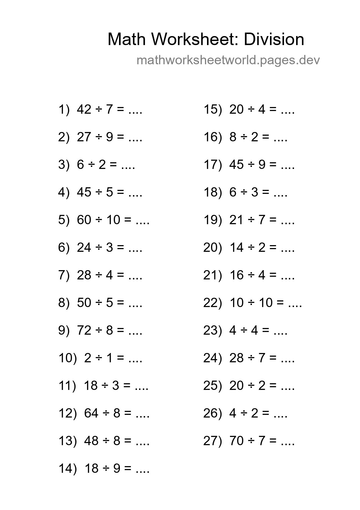 Printable Free 27 Division Math Worksheet For Grade 1 - Part 104