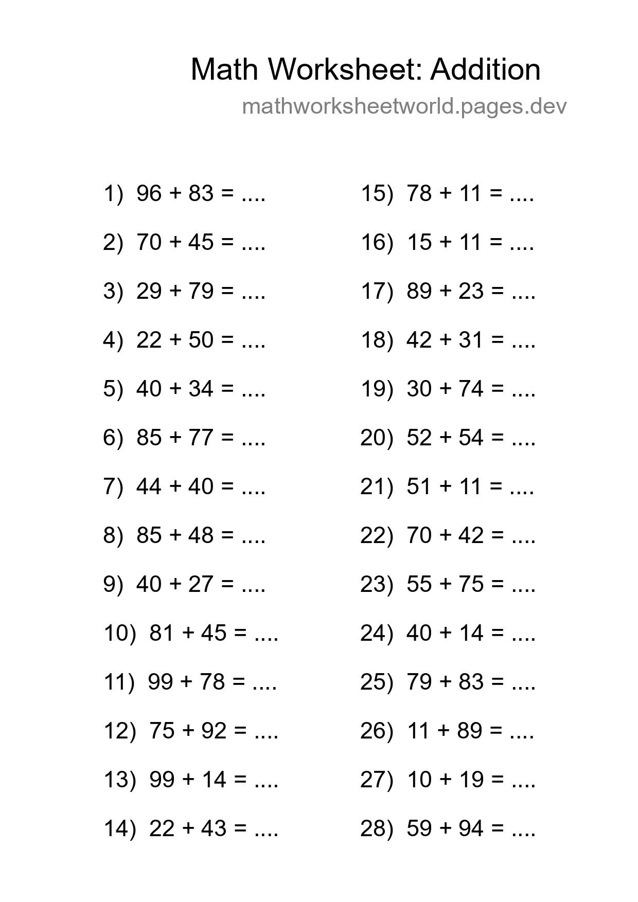 Printable Free 28 Addition Math Worksheet For Grade 3 - Part 121